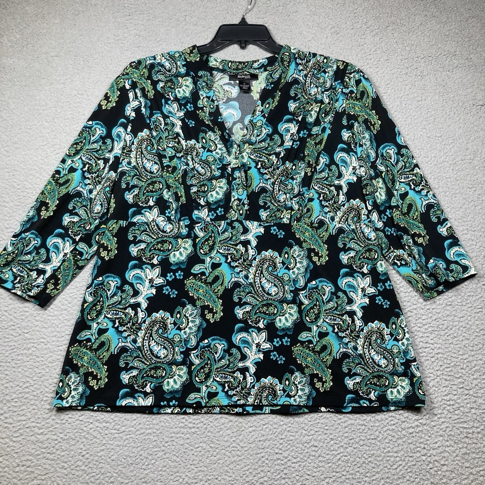 Style & Co Top Women's Plus 1X Blue Green Paisley 3/4 Sleeve Babydoll V Neck